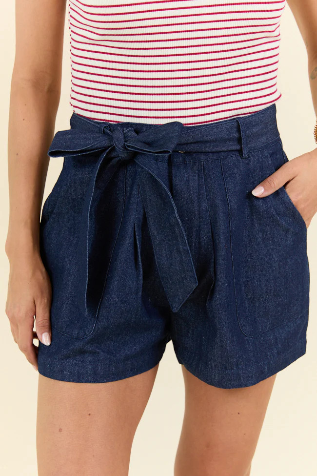 Wherever You Are Dark Wash Belted Denim Shorts | Pink Lily