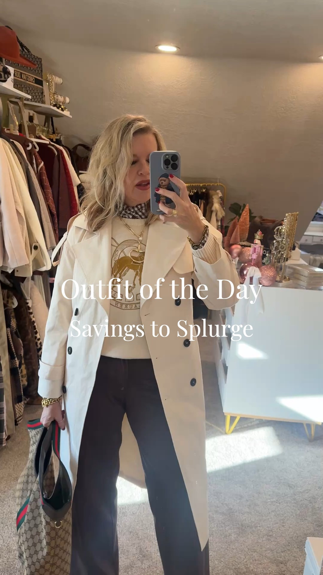 Save and splurge 
Outfit of the day

A great way to  mix low & high pieces to create a chic & classic  outfit you’ll wear on repeat ✔️

Affordable trench coat, great quality lined and fits tts

Splurge, yet it’s now on sale Ralph Lauren sweater crew neck, with horse embroidery in gold
Fits tts in a med

Brown trousers my NYDJ high quality and now on sale, fit tts in a size 4 I am 5’91/2  and hit below ankle bone

Affordable- Gingham check  button up top with ruffle detail collar and sleeve , great quality light weight yet great worn alone or layered.  Fits tts I am in a medium 

Affordable- handmade horse but necklace 

Affordable- grosgrain kitten heel with little bow detail under $40 fit tts

Splurge- Gucci tote 

Splurge- gold hoop earrings and two bracelets by Julie voz 



#LTKWorkwear #LTKootd #LTKOver40