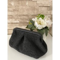 Black Clutch Bag, Knitted Raffia Cloud Voluminous Pouch Lightweigh Purse, Beach Clutch, Summer Straw Mothers Day Gift | Etsy (US)