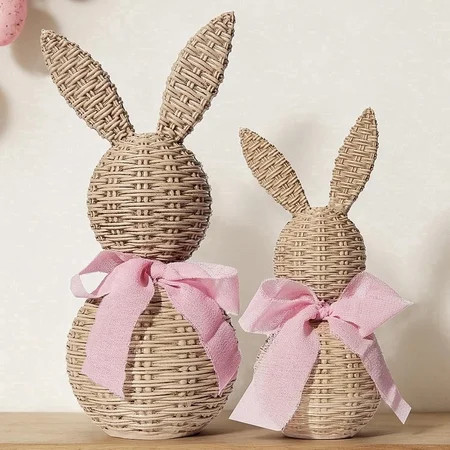 HaCpiu Rattan Effect Plastic Bunny Set, 2-Piece Large & Small Easter Rabbit Figurines with Pink Bows, Spring Farmhouse Table Centerpiece Decor | Walmart (US)