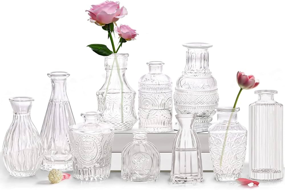 Bud Vases- Set of 10 Small Flower Glass Vases for Centerpieces, Cute Clear Crystal Bud Vases in B... | Amazon (US)