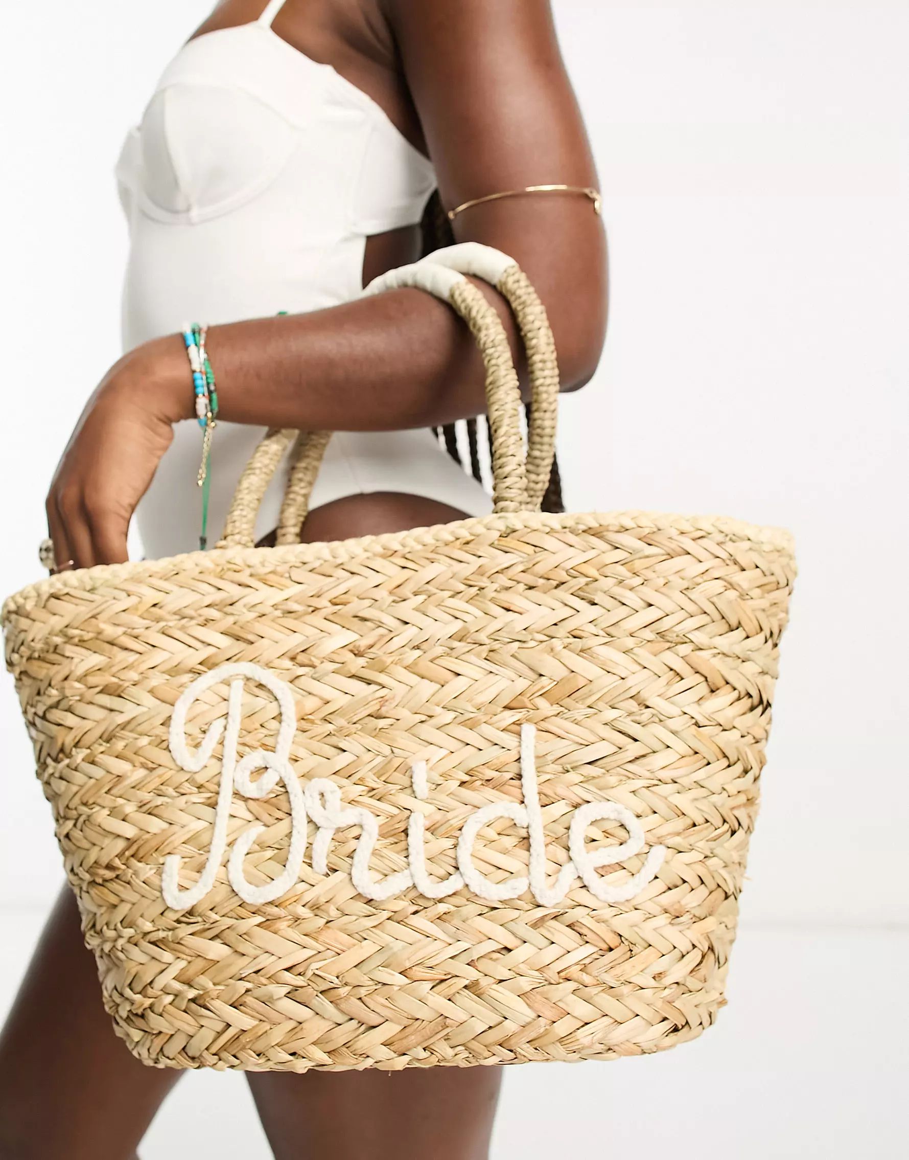 South Beach bride embroidered straw bucket bag in beige | ASOS (Global)