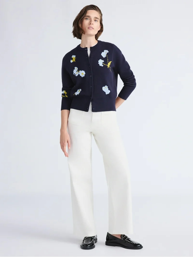 Free Assembly Women's and Women's Plus Floral Jacquard Shrunken Cardigan Sweater, Midweight, Size... | Walmart (US)