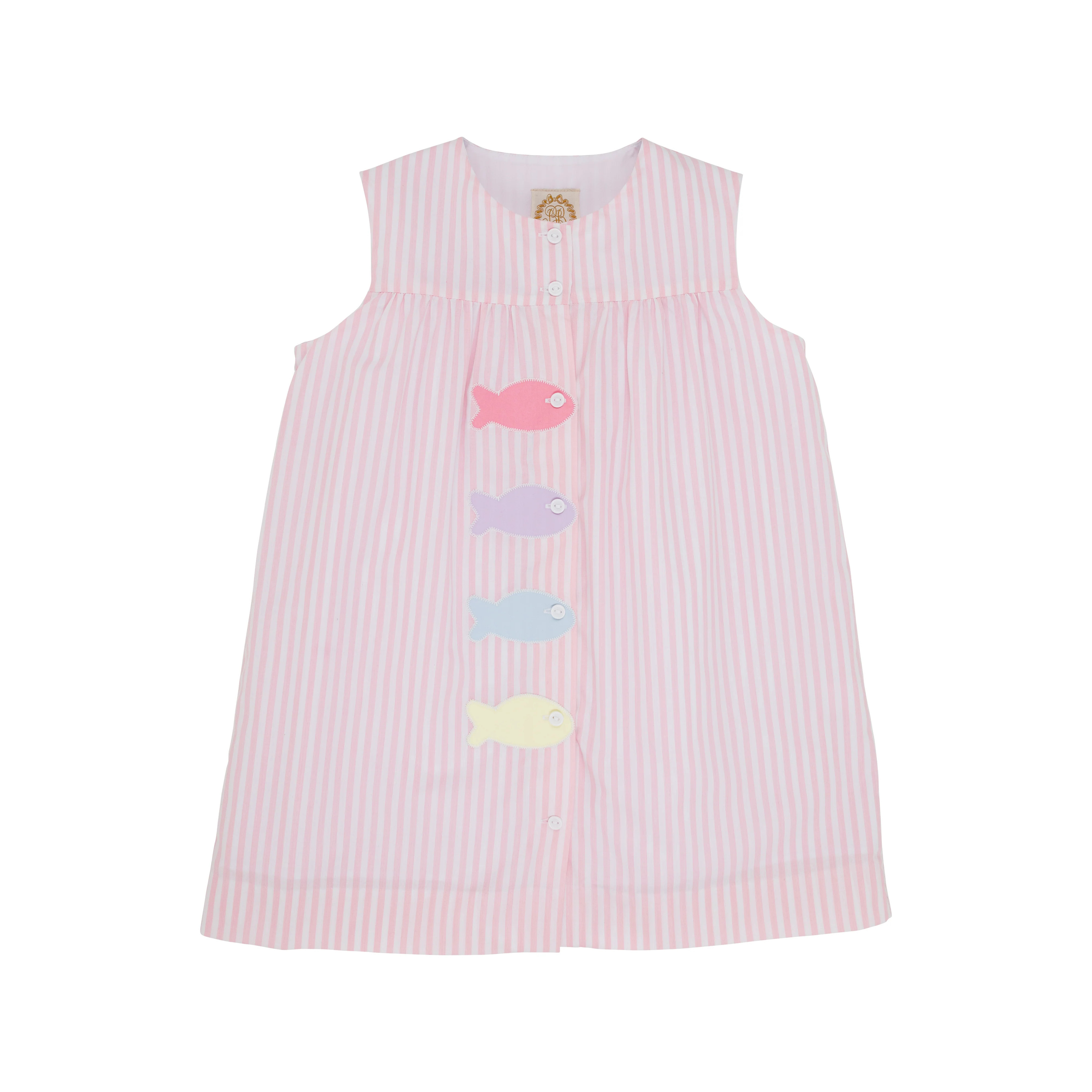 Sleeveless Tabitha's Teacher's Pet Dress - Pinckney Pink Stripe with Fish Applique | The Beaufort Bonnet Company