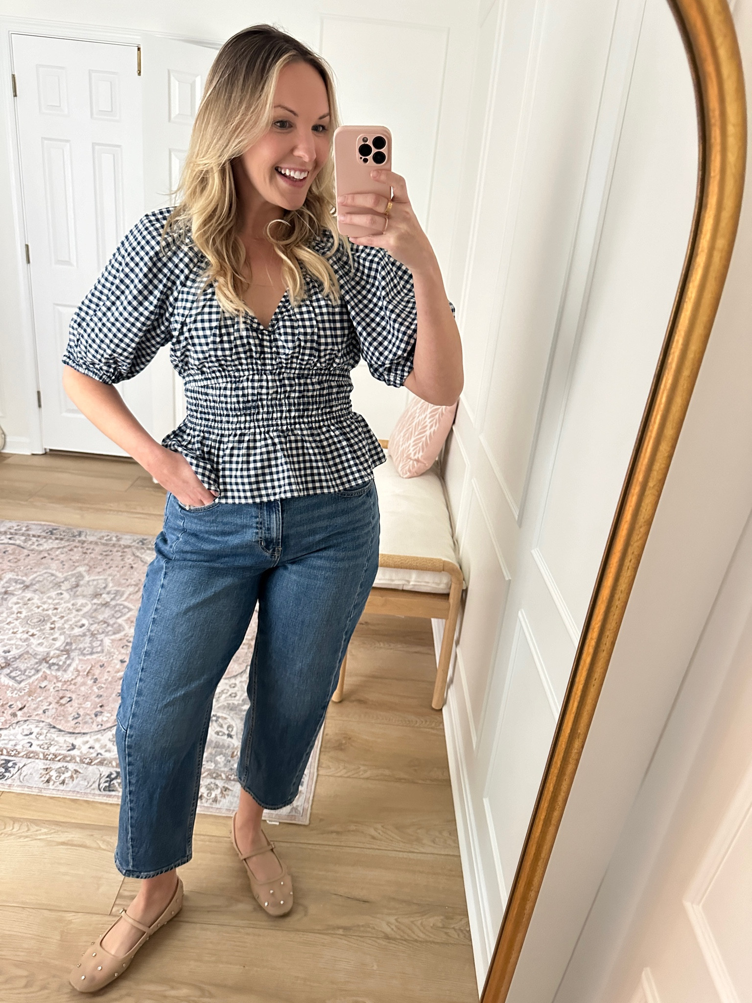 Love this gingham top for spring! I’ve paired it with these trendy barrel jeans. Casual spring outfit - work wear - date night outfit 

#LTKMidsize #LTKWorkwear #LTKStyleTip