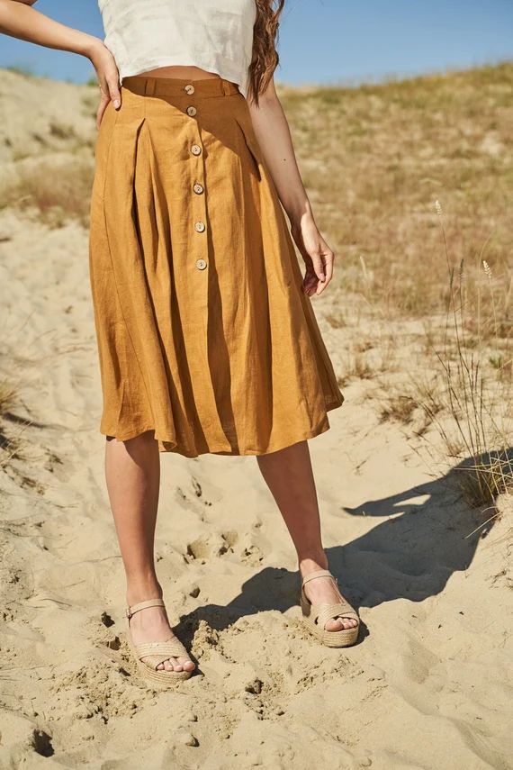 Button front linen skirt BRINY Midi skirt for woman Mustard | Etsy | Etsy (US)