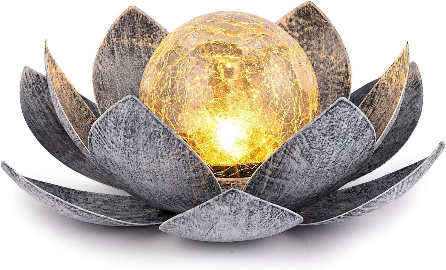 Huaxu Garden Solar Light Outdoor, Amber Crackle Globe Glass Lotus Decoration, Waterproof Gray Met... | Amazon (US)