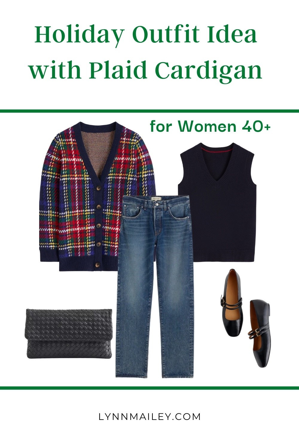 Casual holiday outfit inspiration for women 40+.  Plaid cardigan, jeans, ballet flats, and a clutch.

#LTKOver40 #LTKWorkwear #LTKMidsize