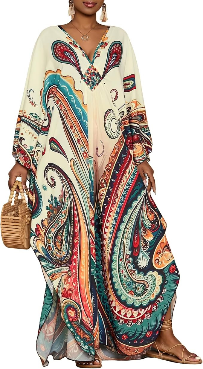 Bsubseach Vestidos caftán para mujer, estampado étnico, talla grande, salida de playa con manga... | Amazon (US)