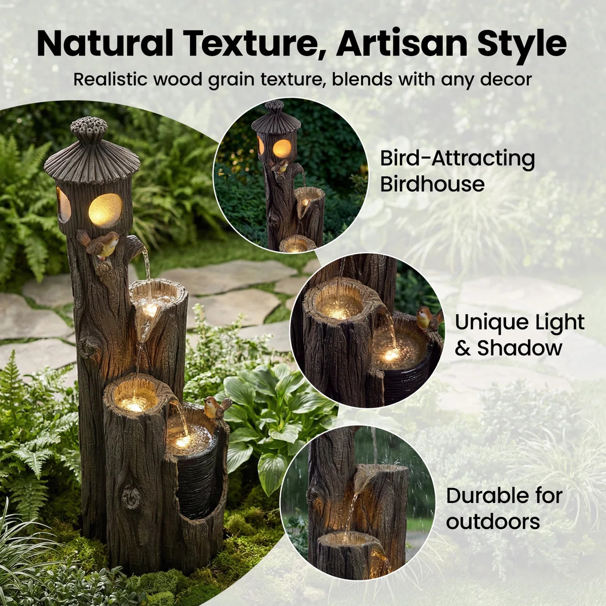 42'' Natural Tree Trunk Outdoor Fountain With LED Lights & ETL-Certified Pump – Lighted Garden ... | Wayfair North America