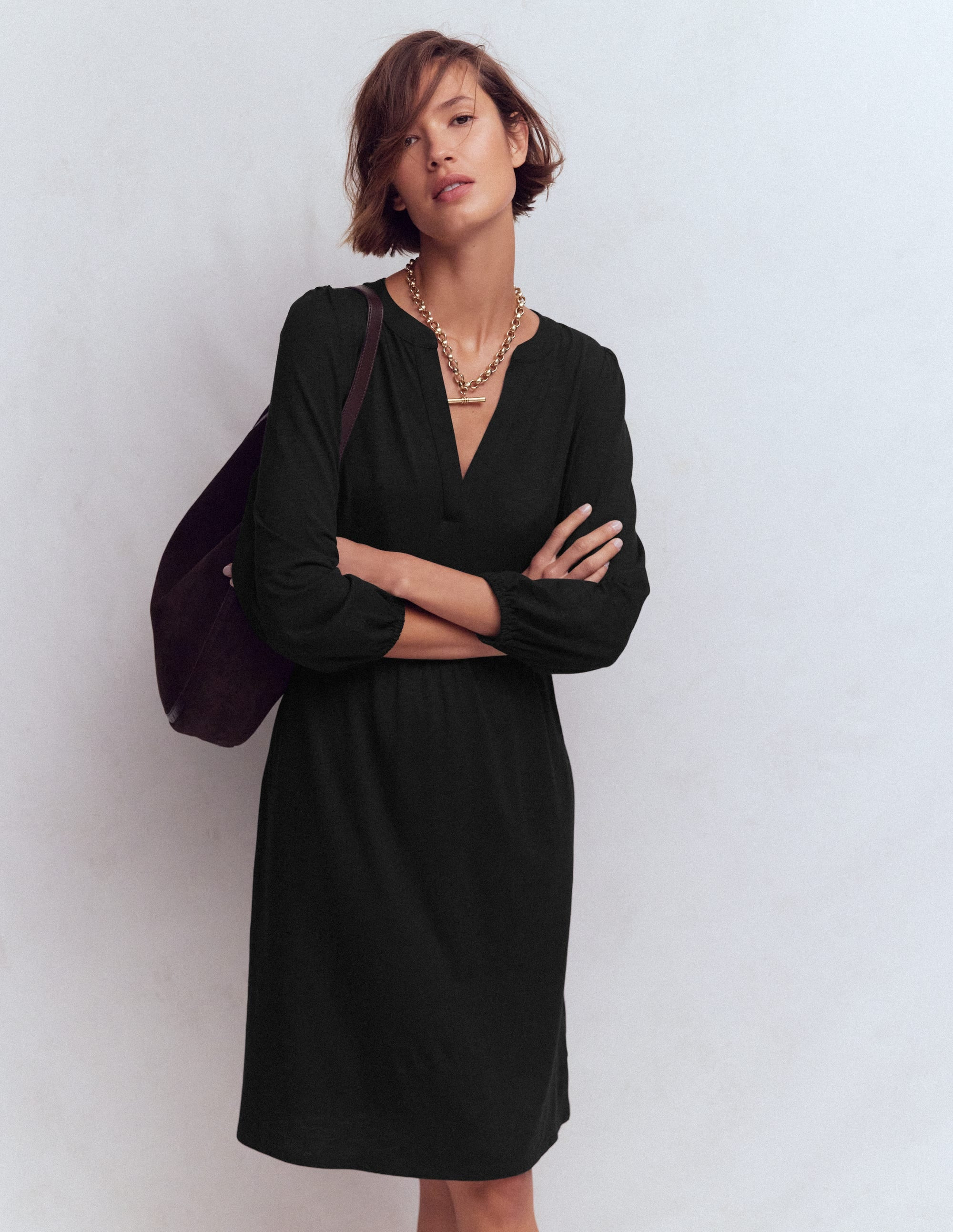 Cathy Notch Neck Jersey Dress-Black | Boden (US)