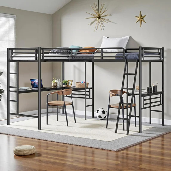Twin Size L-Shaped Loft Bed with 2 Built-in Desks, Metal Loft Corner Bed with 2 Ladders and Safet... | Walmart (US)