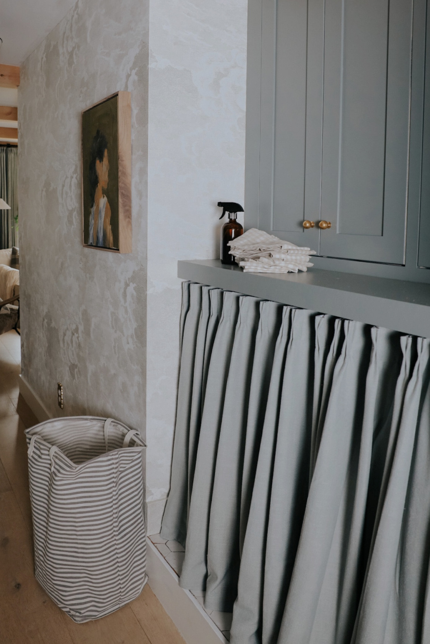 Cabinet color Intrigue Benjamin Moore
Curtains in Pale Blue Aqua with blackout lining 