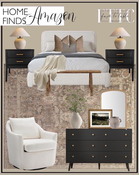 Amazon Home Finds.   Follow @farmtotablecreations on Instagram for more inspiration.

Dresser for Bedroom, Modern Black Dresser with 6 Drawers, Wide Chest of Drawers with Gold Handles. Queen Bed Frame with Headboard, Boucle Upholstered Platform Bed Frame, Modern Style. Loloi Chris Loves Julia x Rosemarie Collection ROE-01 Area Rug 6'-3" x 9' Sage/Blush Rectangular. HOMECOOKIN Wood Arched Mirror. Artissance Vintage Noodle, Weathered Natural Wood Bench. ARPEOTCY Vintage Gold Framed Wall Art. COLAMY Swivel Armchair Barrel Chair, Upholstered Round Accent Chair. PURESILKS Farmhouse Rustic Table Lamp, Modern White Ceramic Table Lamp. Vase Small Black Transitional Ceramic. Signature Design by Ashley Hannela 12" Modern Distressed Polyresin Vase, Antique Tan. Ruidazon 2 pcs Artificial Greenery Stems, 41.3’’ Tall Fake Plants Branches Faux Greenery. Simple&Opulence Cotton Muslin Throw Blanket for Bed. Canyon Theory Hand Block Print Organic Linen 20x20 Inch Throw Pillow Cover: Indoor Outdoor Sustainable Handmade Vintage Decorative Cushion Cover (Peyton). Canyon Theory Hand Block Print Organic Linen 14x20 Inch Lumbar Throw Pillow Cover: Indoor Outdoor Sustainable Handmade Vintage Decorative Cushion Cover (Birdie). Amazon Bedroom Finds. Amazon Home. Amazon Home Finds. Amazon Prime. Affordable Decor. 

#LTKfindsunder50 #LTKsalealert #LTKhome