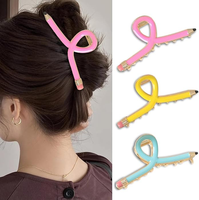 3Pcs Pencil Hair Clips for Thick Hair Funny Teacher Claw Clips Cute Color Pencil Metal Jaw Barret... | Amazon (US)