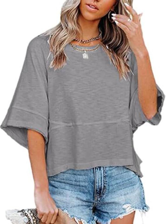Womens Fashion T-Shirt Crewneck 3/4 Sleeves Solid Color Loose Basic Pullover Tops Summer Casual T... | Amazon (US)