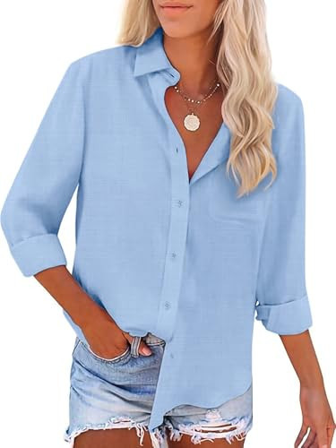 Button Down Shirts for Women Long Sleeve Dress Blouse Casual Solid Office Work Tops Sky Blue | Amazon (US)
