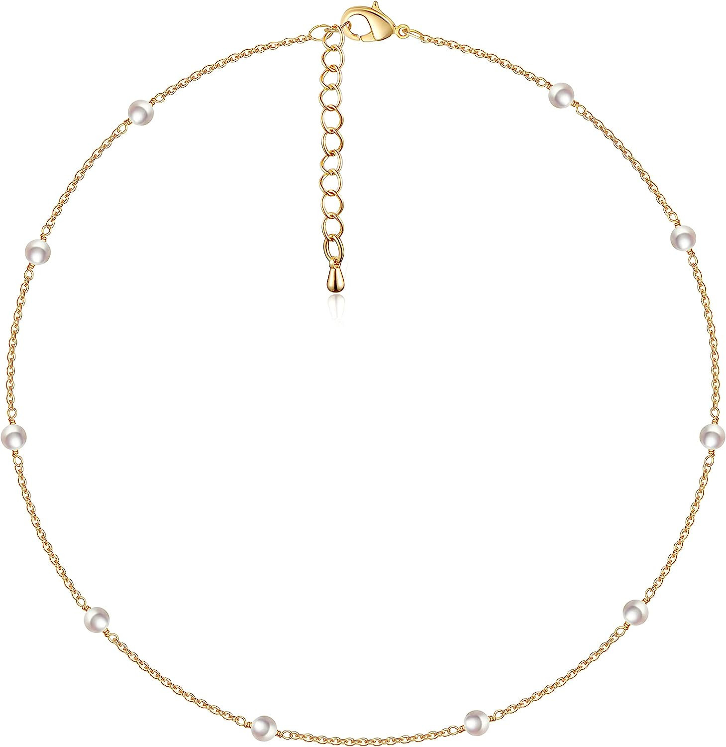 Cowlyn Pearl Choker Dainty Adjustable Necklace 18K Gold Plated Cultured Barque Pearl Tiny Chain D... | Amazon (US)