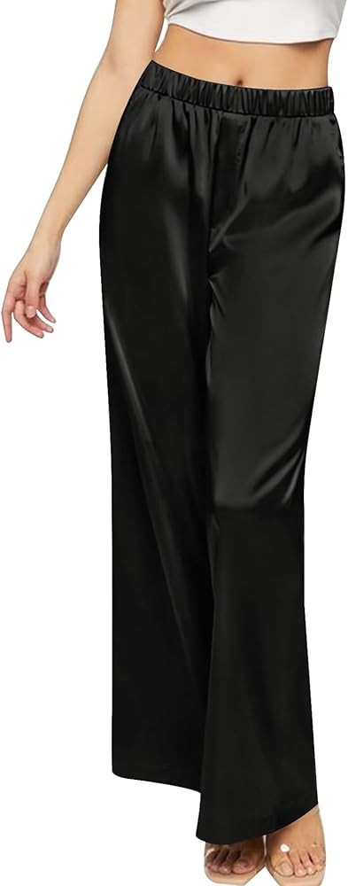 SWOMOG Women's Silk Satin Pajama Pants Longs Silky Sleep Pants Loungewear Trousers Elastic Waist ... | Amazon (US)