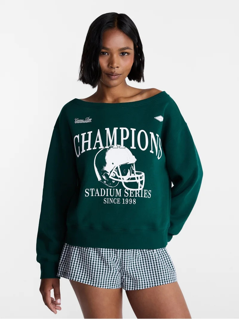 No Boundaries Off the Shoulder Sweatshirt with Long Sleeves, Midweight, Women\u2019s XXS-4X | Walmart (US)