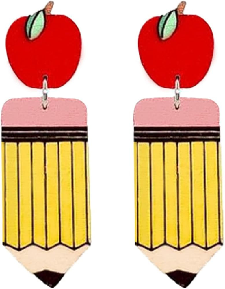 Teacher Earrings Pencil Earrings for Women Girls Cute Apple Pencil Ruler Shaped Dangle Earrings W... | Amazon (US)