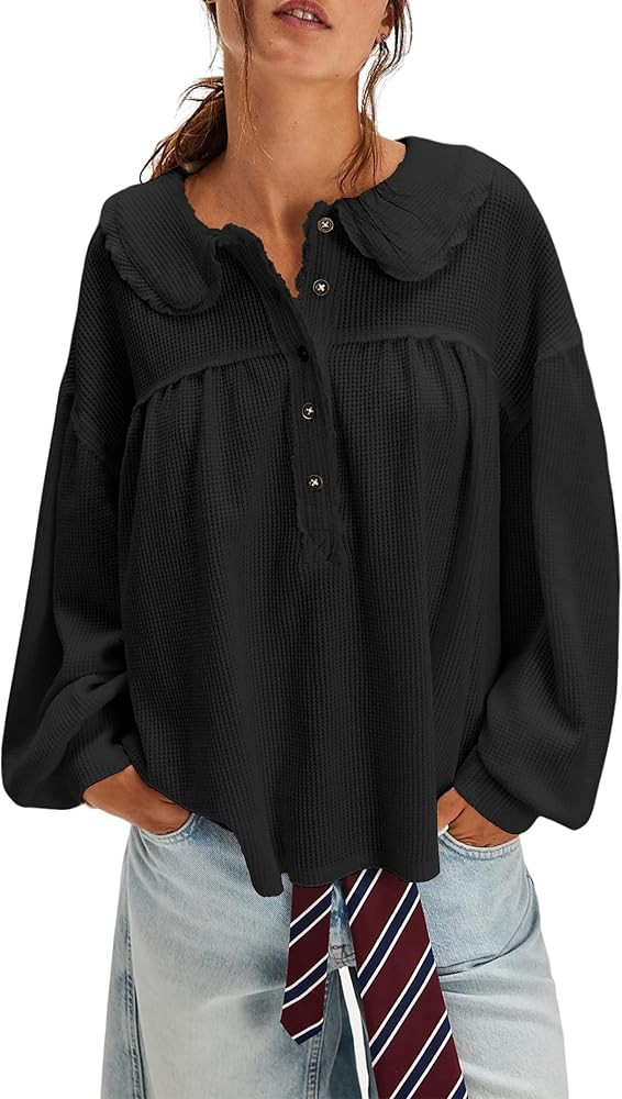 Women's Waffle Knit Tops Collared Solid Color Pullover Long Sleeve V Neck Solid Color Loose Tunic | Amazon (US)