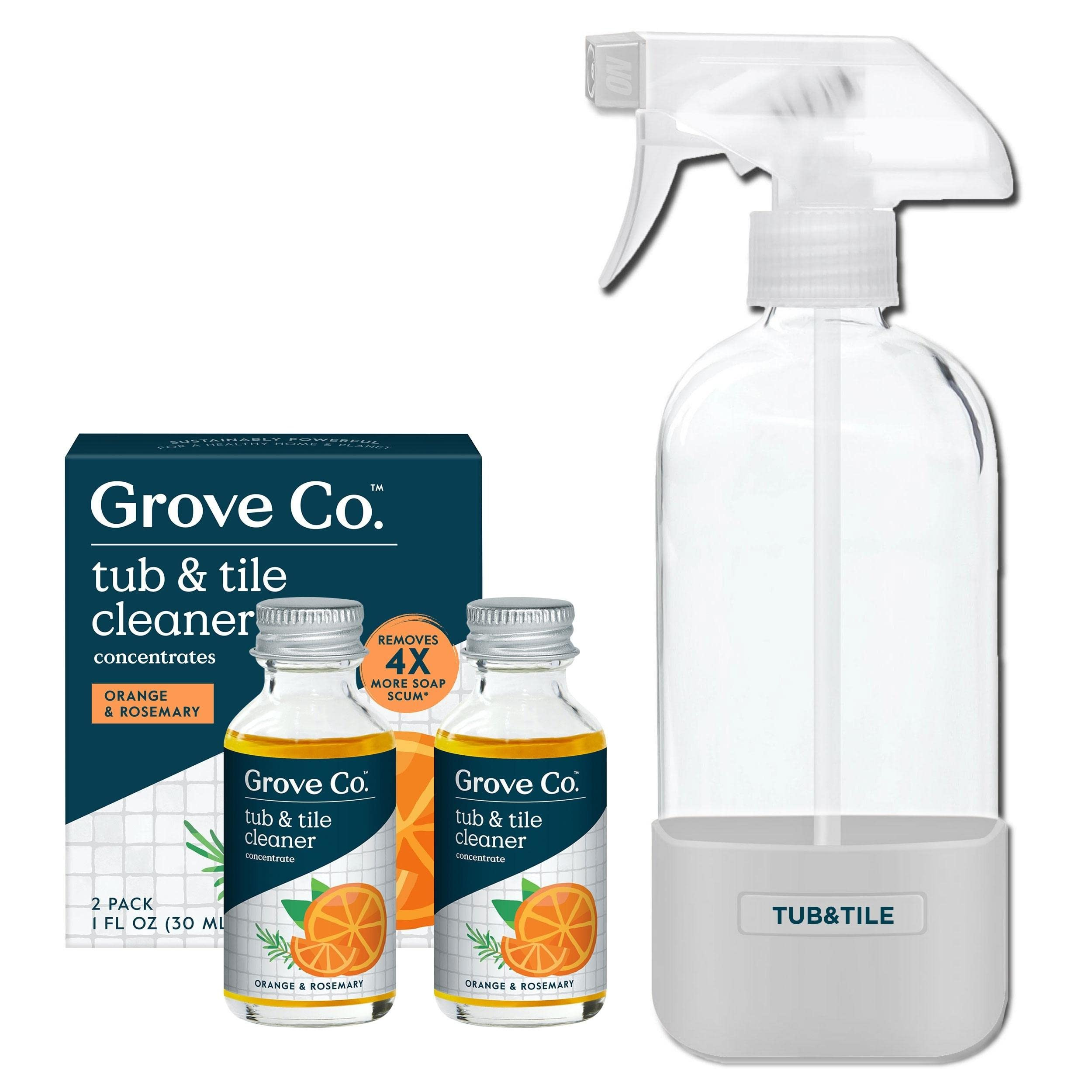 Grove Co. Tub and Tile Cleaner Refill Concentrate (2 x 1 Fl Oz) + 1 x Reusable Glass Spray Bottle... | Amazon (US)