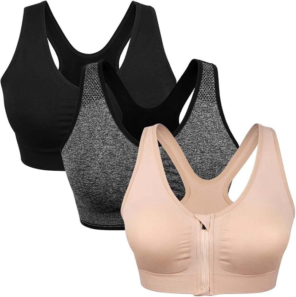 Women's Zip Front Sports Bra Wireless Post-Surgery Bra Active Yoga Sports Bras | Amazon (US)