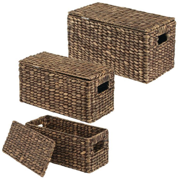 mDesign Woven Hyacinth Home Storage Basket with Lid, Set of 3 - White Wash | Target
