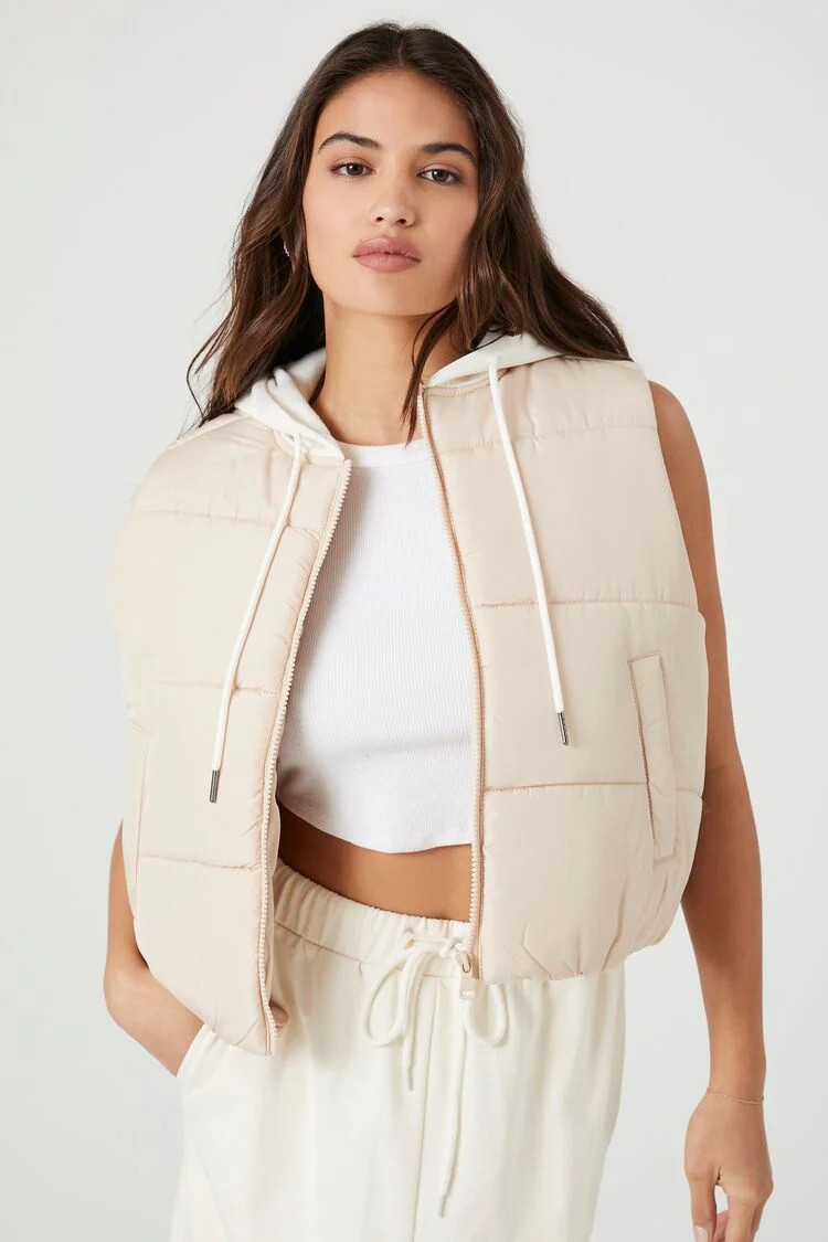 Women's Hooded Zip-Up Puffer Vest in Taupe/Ivory Small | Forever 21