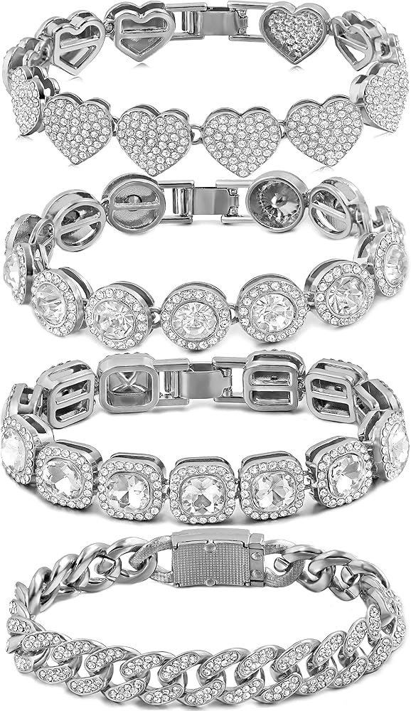 4PCS Gold Bracelets for Women Silver Clustered Tennis Bracelet for Women Heart Round Diamond Cuba... | Amazon (US)