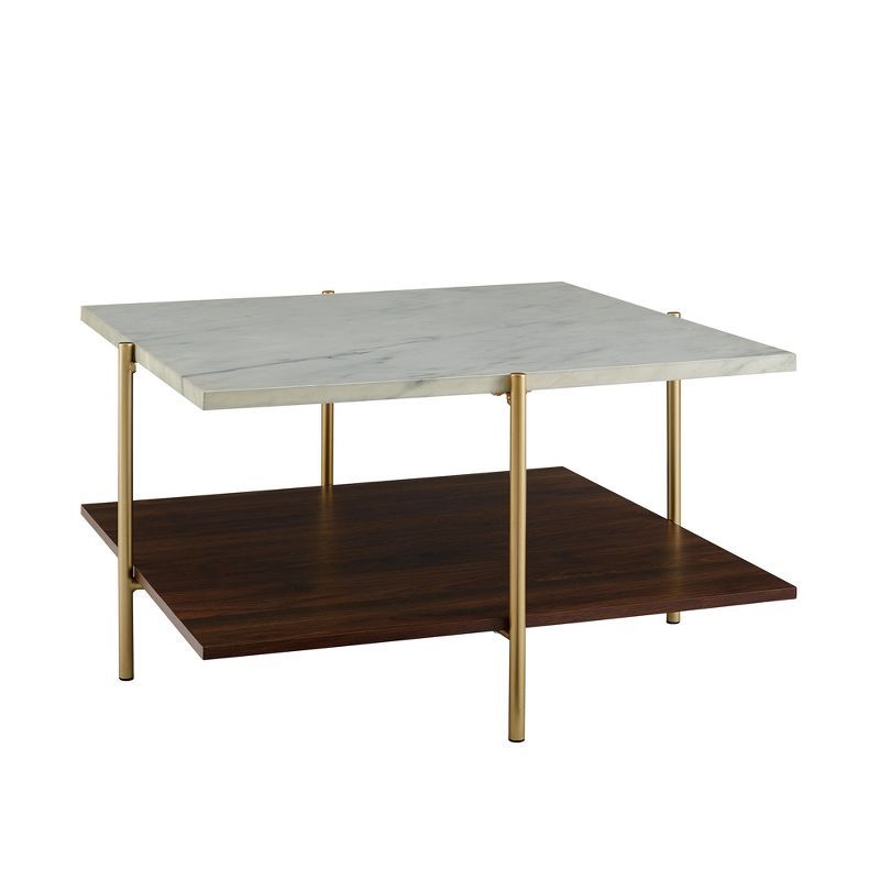 Mid Century Modern Glam Square Coffee Table Faux White Marble/Dark Walnut - Saracina Home | Target
