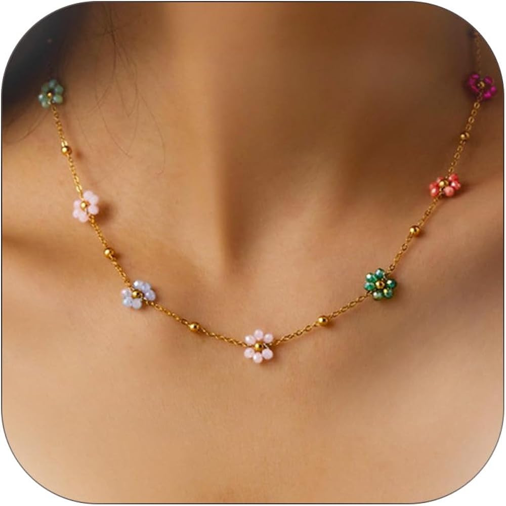 Charm Necklace for Women - Trendy, Colorful Flower & Star Pearl Choker - Non-tarnish, Rainbow Gem... | Amazon (US)