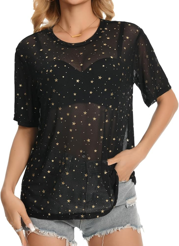 HWOKEFEIYU Women's Summer Short Sleeve Tops See Through Mesh Sheer Sexy T Shirt Blouse | Amazon (US)