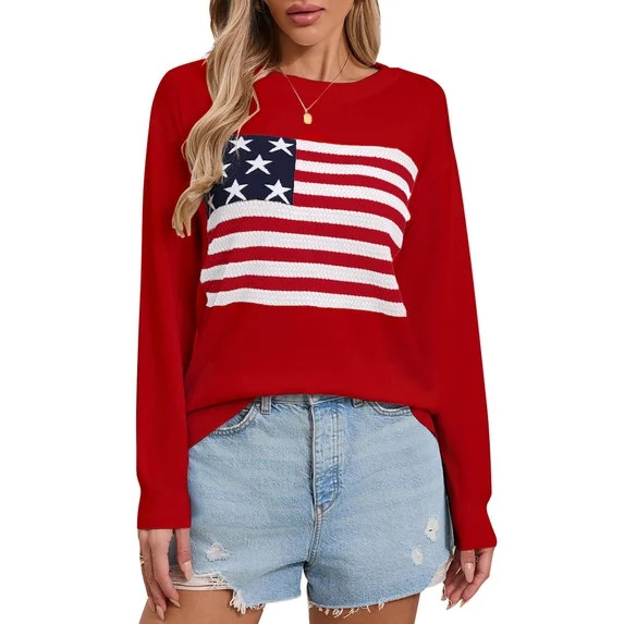 American Flag Graphic Sweaters for Women Casual 4th of July Crew Neck Sweater Long Sleeve Lightwe... | Walmart (US)