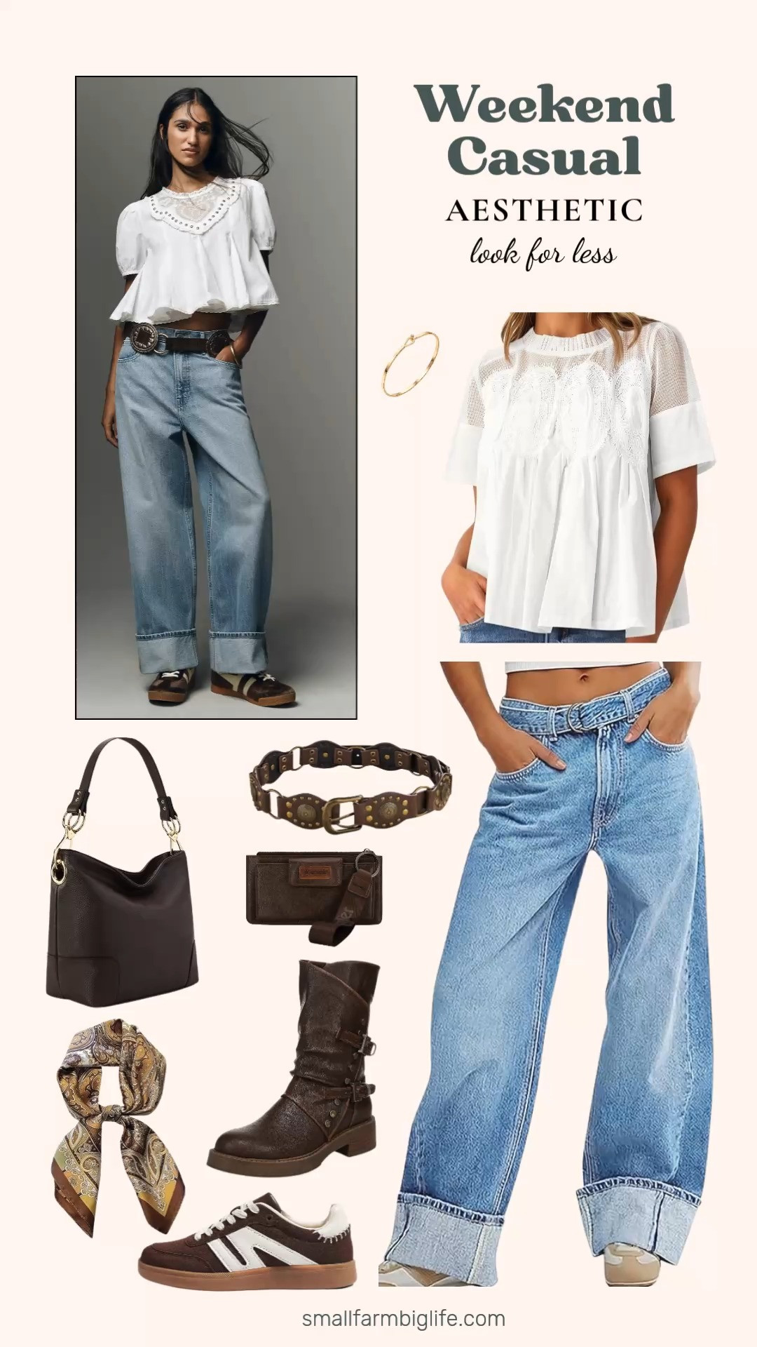 Love the weekend casual aesthetic but not the designer price tag? I found all the pieces on Amazon for so much less! From wide leg cuffed jeans and a ruffle lace peplum top to classic retro gum sole sneakers, mid shaft boots, a western leather belt, a gorgeous patterned satin scarf, a Montana West hobo bag, a matching minimalist wallet wristlet, and a dainty gold bar bracelet, you can get the whole effortless and western inspired look for a fraction of the cost. Linking everything below! 

 #LTKgrwm #LTKootd #LTKOver40