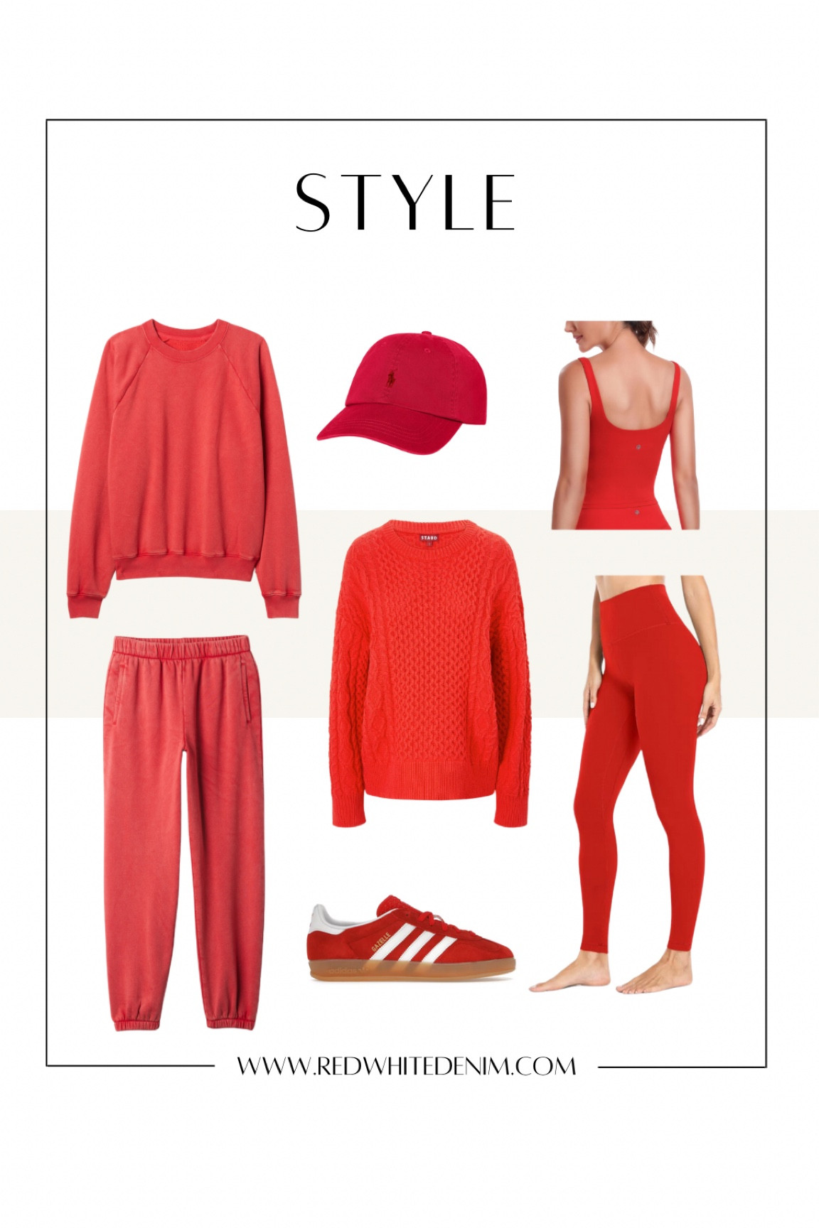 Recent fall purchases - pop of red! 

SWEATSHIRT: sized up (M) Color is Modern Red Wash
SWEATPANTS: sized down (XS)
SWEATER: Sized down (XS)
TANK: sized up (L)
LEGGINGS: size down (XS) I have the workout pro which are more compressive
SNEAKERS: I’m an 7.5/8 and got the size 6.5 in women’s (I’ve ordered from stockx twice and had a great experience! These are sold out everywhere so you need to buy the third-party)