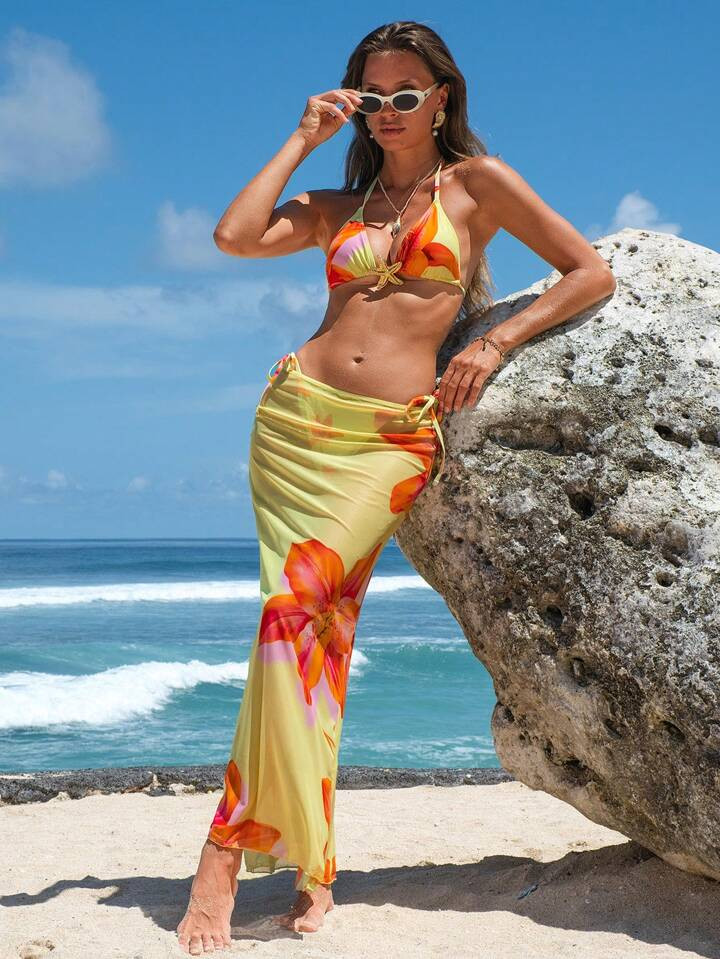 Swim Vcay 3-Piece Women's Elegant Sexy Bikini Set: Halter Neck Top, Tie-Side Bottom, And Floral Print Cover-Up Skirt | SHEIN