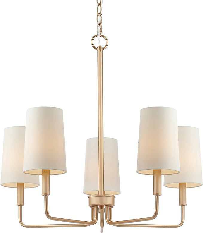 Chandelier, Muted Gold with White Fabric Shade, Farmhouse Linear Island Lighting Fixture for Kitc... | Amazon (US)