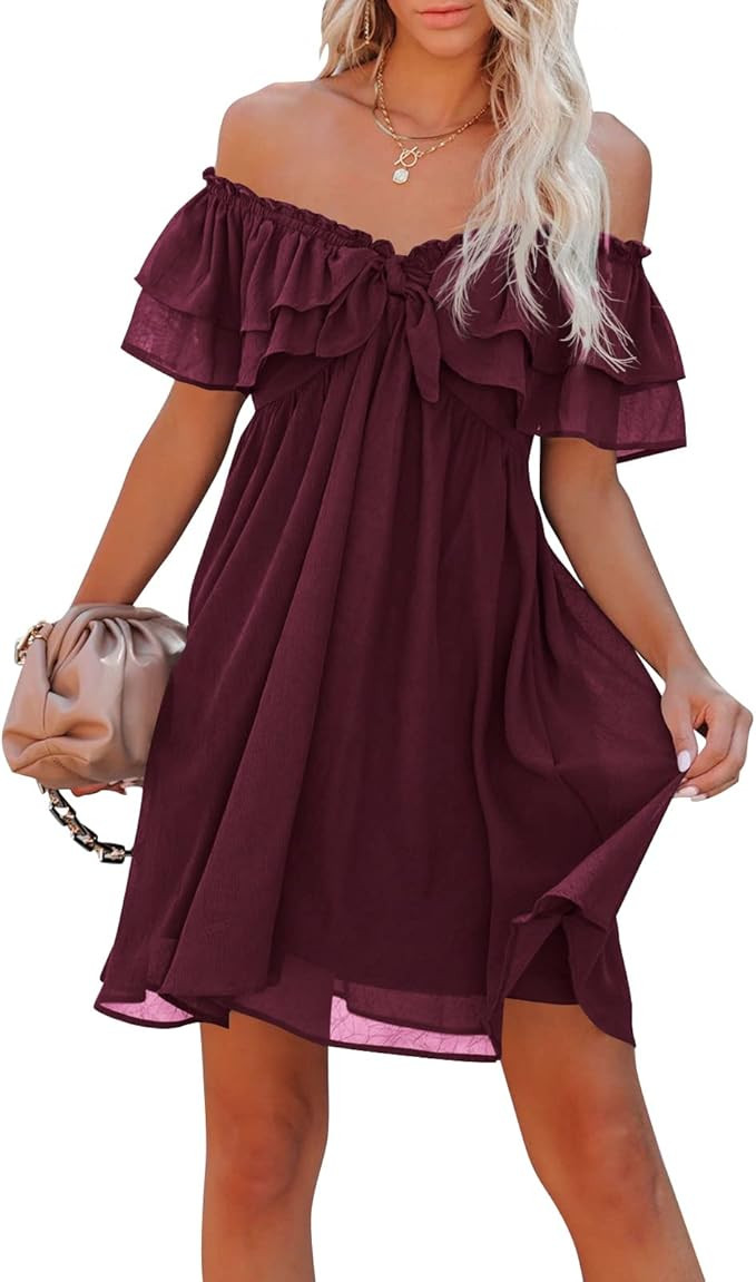 Womens Sexy Off Shoulder Dresses Casual Loose Party Beach Cocktail Double Ruffle Layer Chiffon Dr... | Amazon (US)