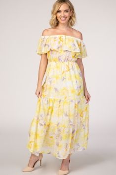 Yellow Floral Off Shoulder Tiered Maxi Dress | PinkBlush Maternity