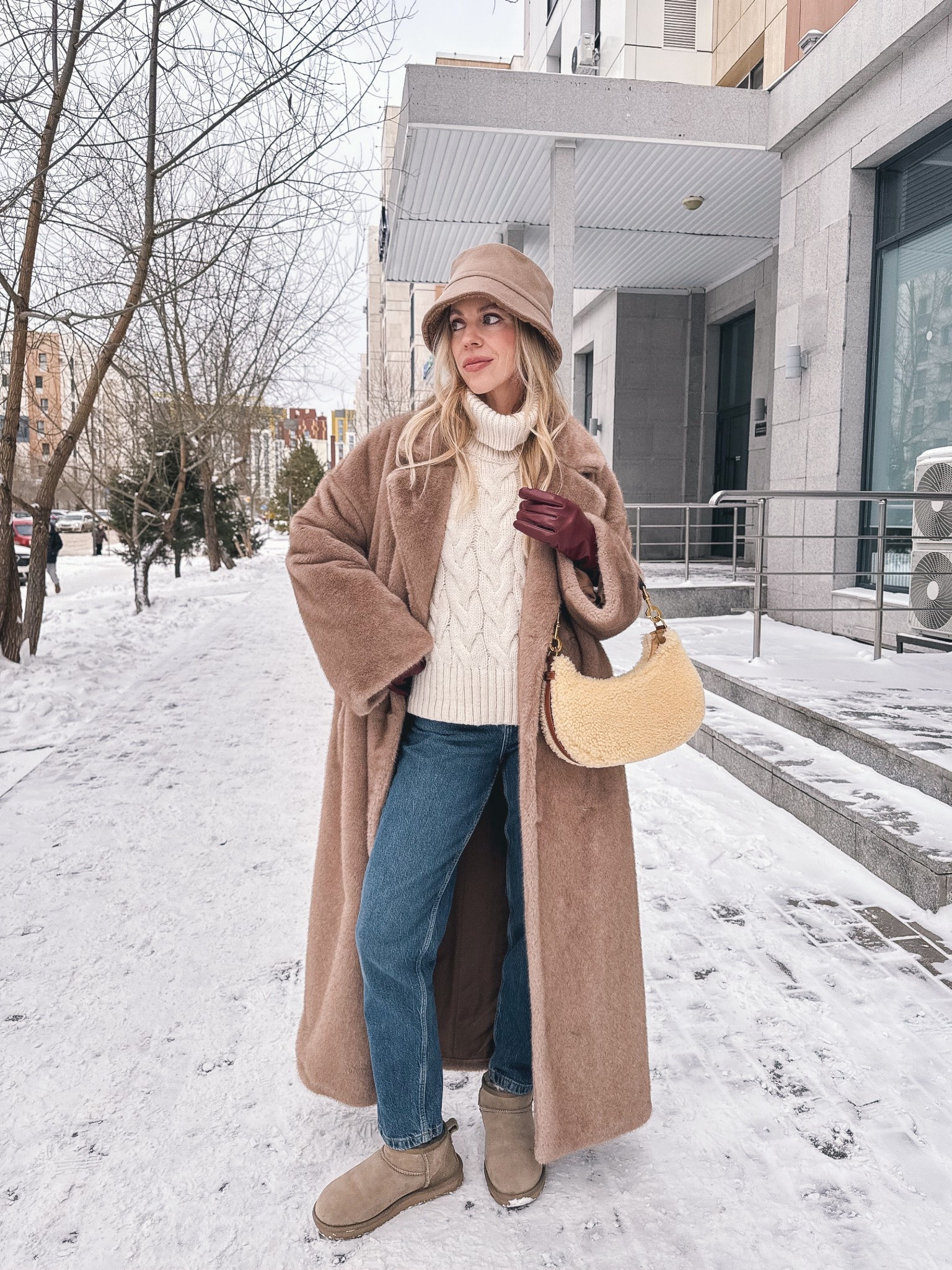 Camel beige fur coat, cozy winter outfit, snow day, cable knit sweater, red leather gloves, Zara mom jeans (under $50 and perfect with Ugg mini boots)

#LTKOver40 #LTKFindsUnder50 #LTKSeasonal