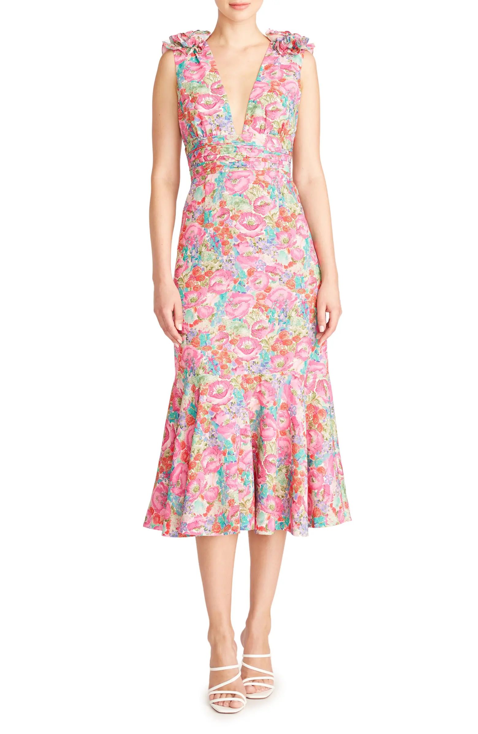 AMUR Sorena Floral Ruffle Shoulder Midi Dress | Nordstrom | Nordstrom