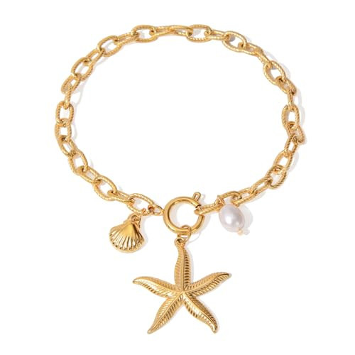 MUYAN Gold Starfish Seashell Chain Bracelet for Women Trendy Beach Charm Bracelet Summer Jewelry | Amazon (US)