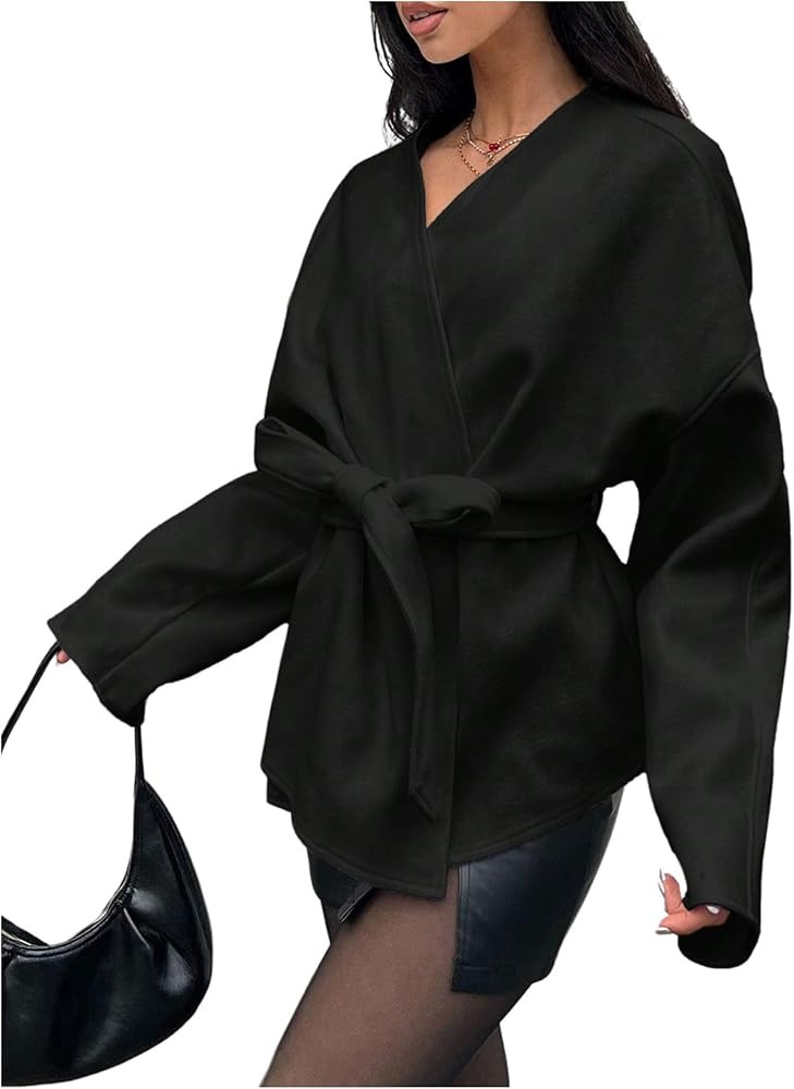 GORGLITTER Women's Cropped Trench Coat Fall 2025 Wrap Belted Oversized Jacket Dressy Long Sleeve ... | Amazon (US)