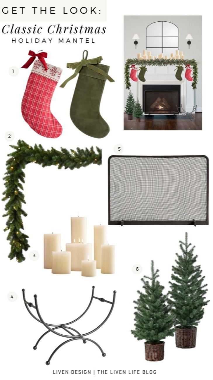 Christmas holiday mantel.  Holiday decor. Velvet ribbon. Garland. Stockings. Hanging bells. Fireplace tools. Log holder. Mini fir trees. Potted trees. Wall sconce. Arch windowpane mirror. Plaid stocking. Pillar candles

#LTKHoliday #LTKSeasonal #LTKHome
