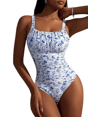 BEAUDRM Women's Boho Floral Print One Piece Swimsuit Y2K Bathing Suits Swimwear Beachwear Blue and White X-Small | Amazon (US)