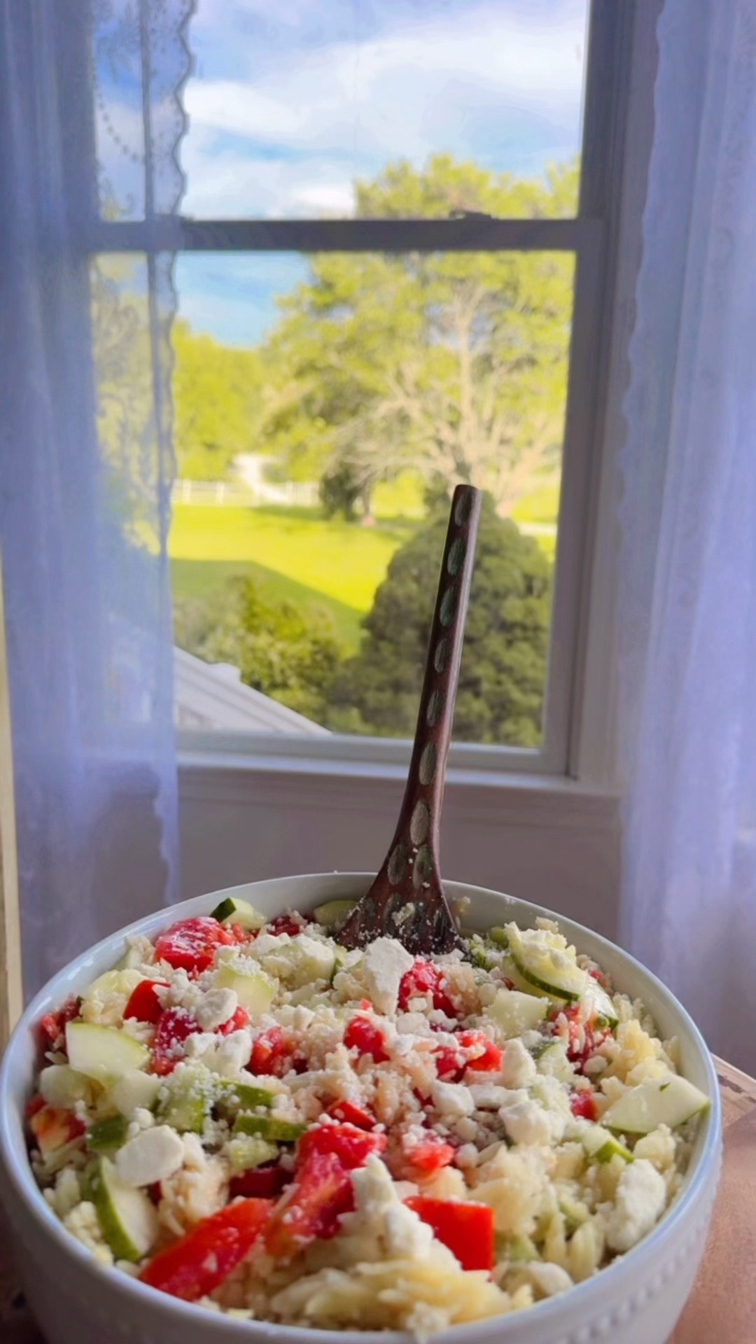 Nothing says summertime like a yummy 😋 orzo lemon 🍋 feta pasta salad with fresh tomatos 🍅 and cucumbers 🥒 from the garden 🪴