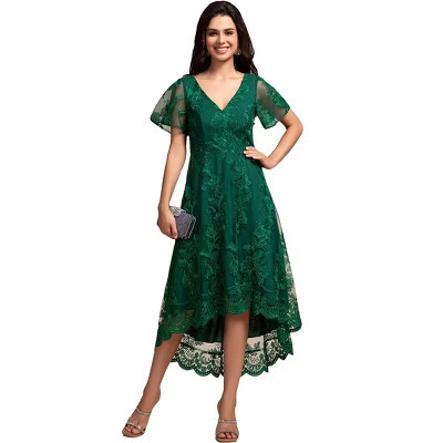 Women's V Neck Ruffles Sleeves High Low  Embroidery Wedding Guest Dress, Dark Green, 4 | Target
