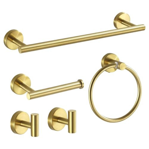 5-Pieces Matte Gold Bathroom Hardware Set, Stainless Steel Bath Towel Bar Set Wall Mounted, Includes 16 Inch Towel Bar, Toilet Paper Holder, Towel Ring, 2 Towel Hooks, Bathroom Accessories Kit (Gold) | Amazon (US)
